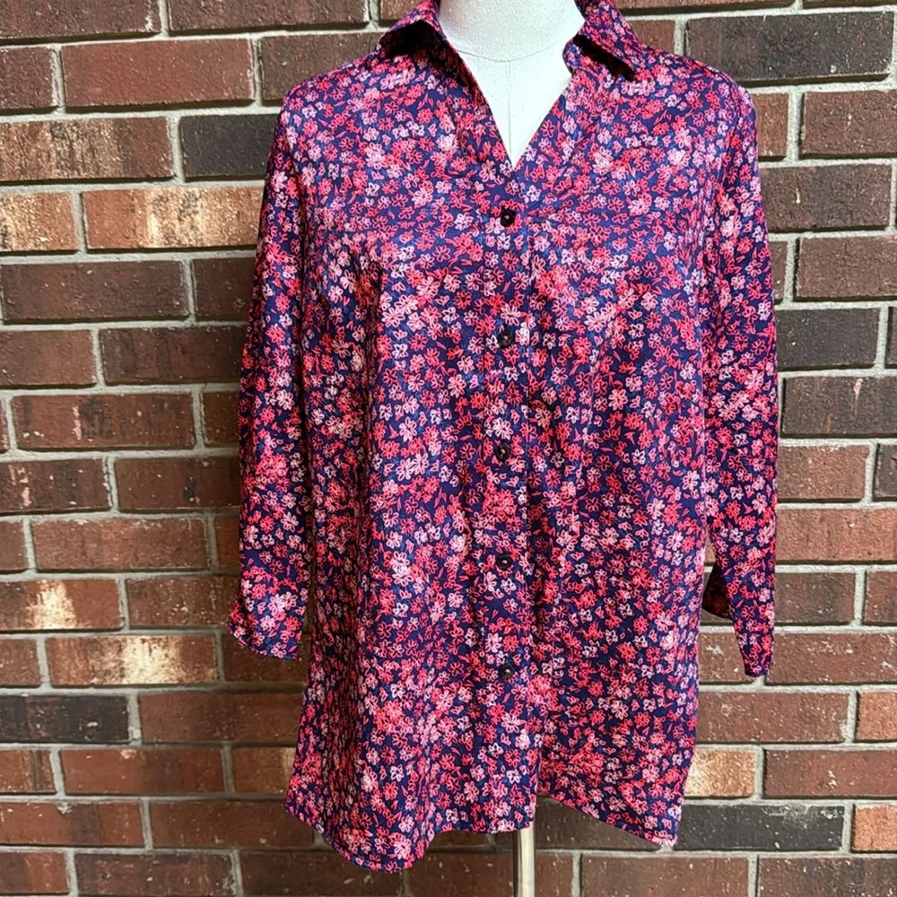 Foxcroft Coral Sunset Floral Button-up Shirt Size 2